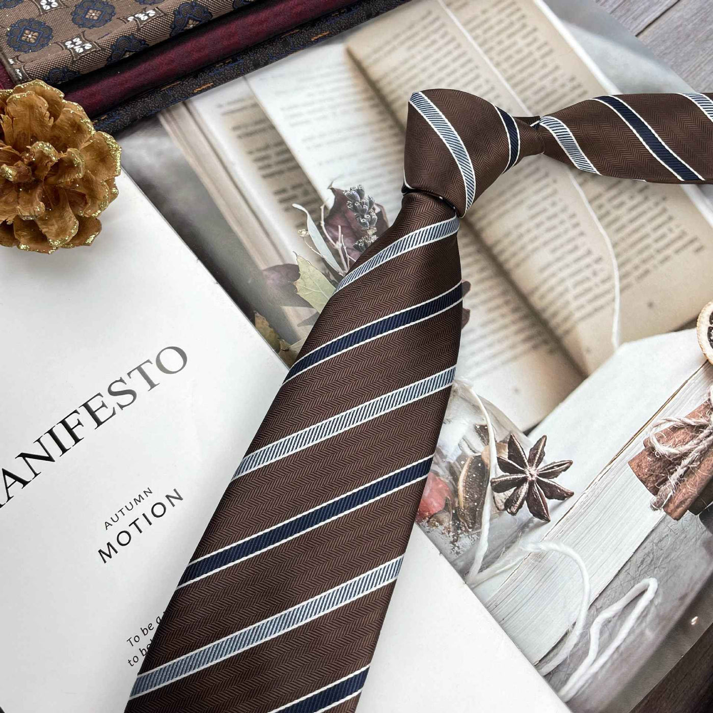 Retro Coffee Color Orange Red Striped Tie Hand Hit 8CM Men