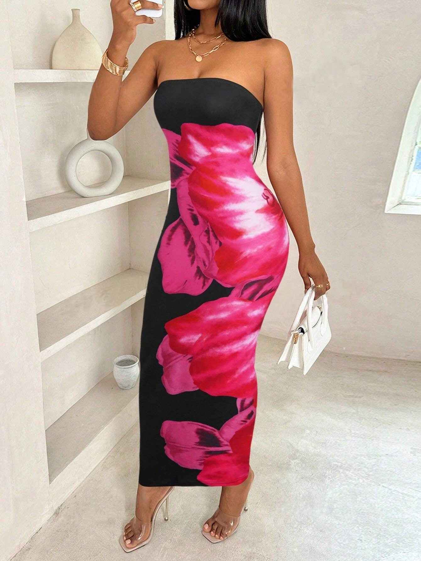 Slim Slit Tube Long Dress Summer Sexy Pint Party Beach Dresses Women's Clothing