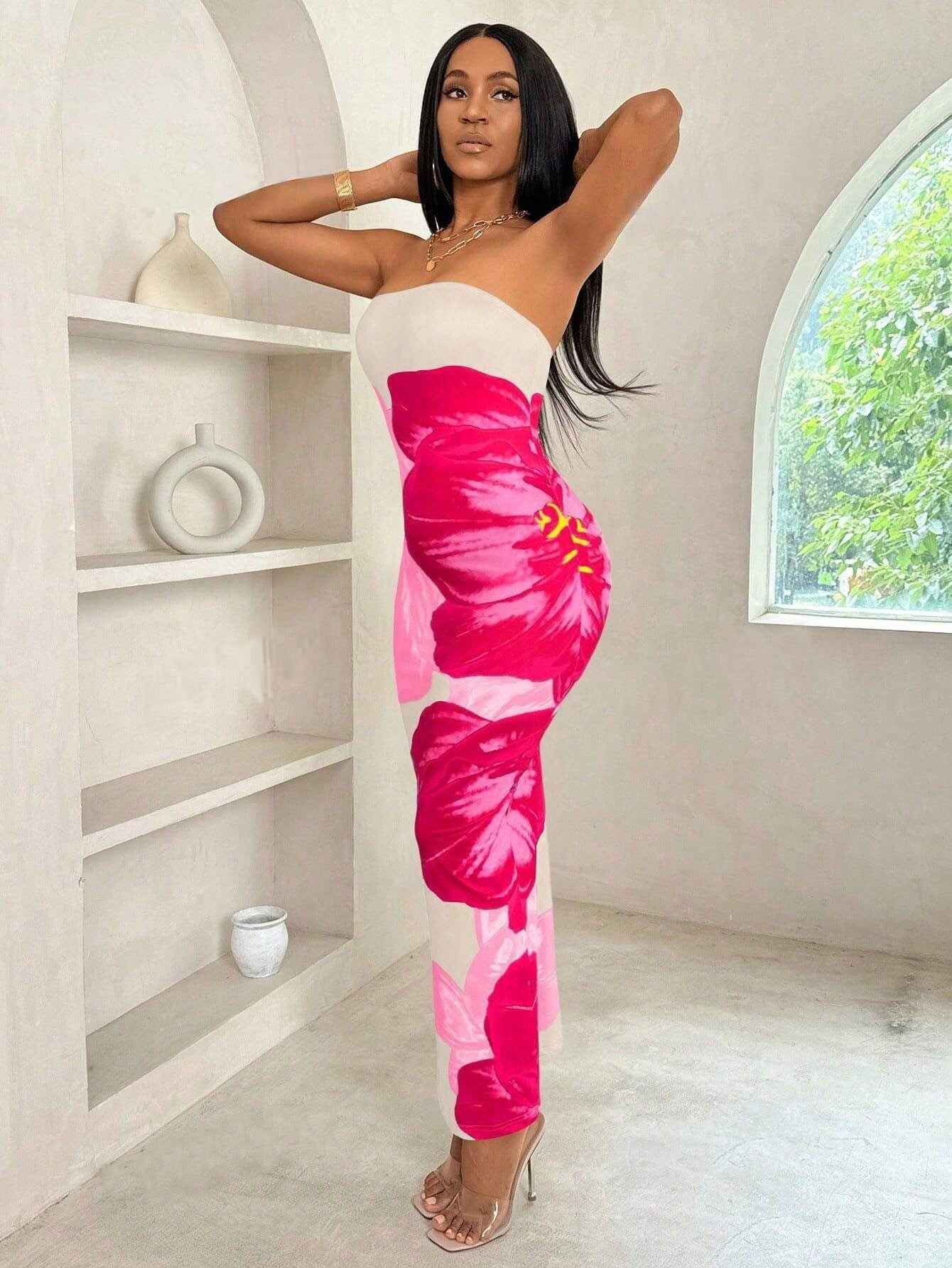 Slim Slit Tube Long Dress Summer Sexy Pint Party Beach Dresses Women's Clothing
