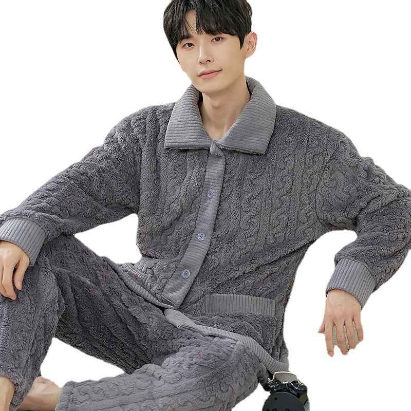 Men's Long Sleeve Cardigan Pajamas Outer Wear Coral Fleece Home Wear