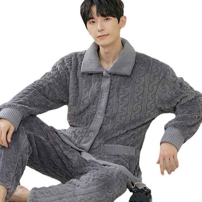 Men's Long Sleeve Cardigan Pajamas Outer Wear Coral Fleece Home Wear