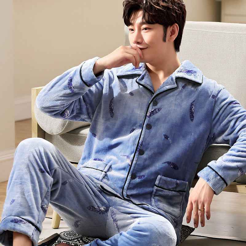 Men's Long Sleeve Cardigan Pajamas Outer Wear Coral Fleece Home Wear