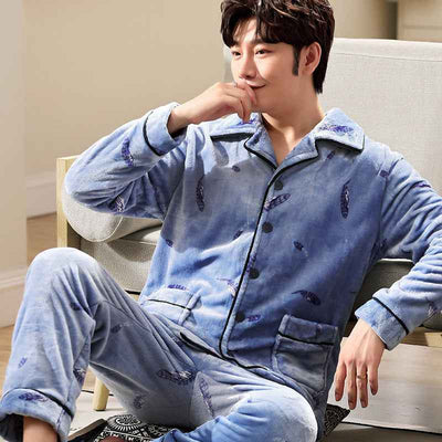 Men's Long Sleeve Cardigan Pajamas Outer Wear Coral Fleece Home Wear