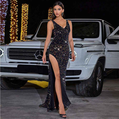 High Slit Sequined Evening Dress Without Back