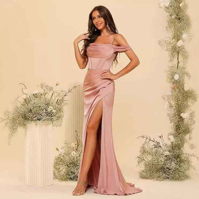 Off-the-shoulder Satin Bridesmaid Corset Ball Gown