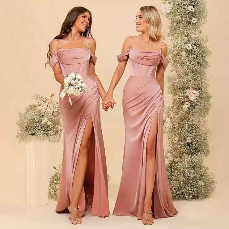 Off-the-shoulder Satin Bridesmaid Corset Ball Gown