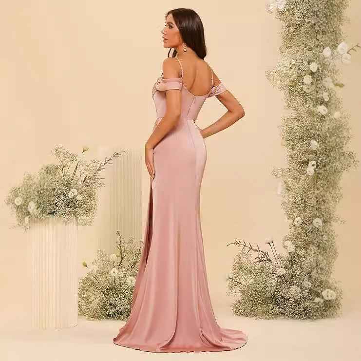 Off-the-shoulder Satin Bridesmaid Corset Ball Gown