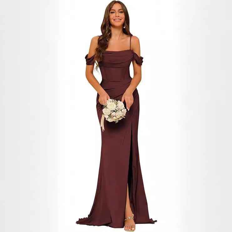 Off-the-shoulder Satin Bridesmaid Corset Ball Gown