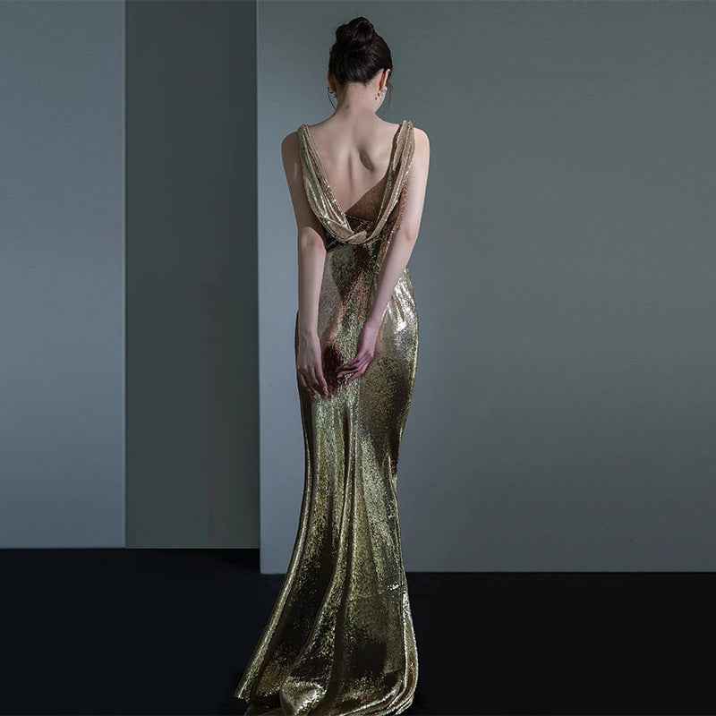 Fishtail Evening Dress For Women Elegant Sequins Annual Meeting Sexy Backless