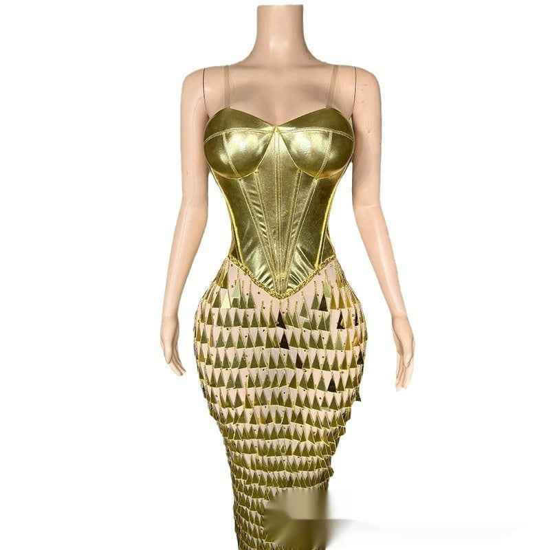 Golden Bright Surface Bandage Design Tight Waist Slimming Mermaid Day Formal Dress