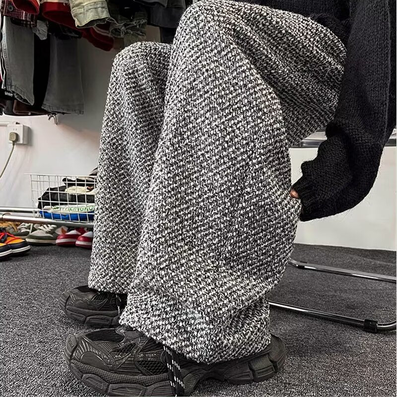 American Retro Houndstooth Woolen Wide-leg Pants Men SHOPPORA