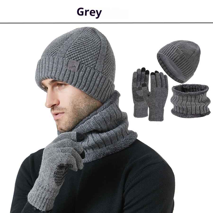 Winter New Thickened Men's Hat Scarf Gloves Three-piece Set