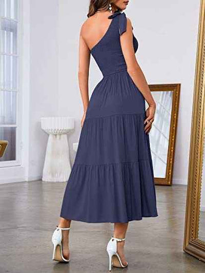New Summer Fashion Women's One-shoulder Pleated Layered Hem Split Dress