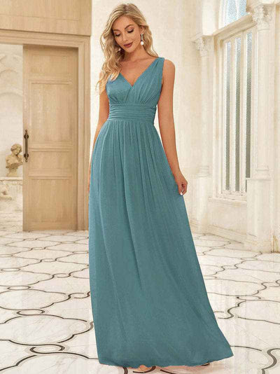 Deep V-neck Bridesmaid Plus Size High Waist Evening Dress
