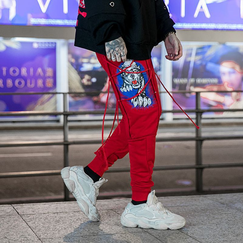 Men's high street hip hop print wearing rope harem pants feet pants SHOPPORA