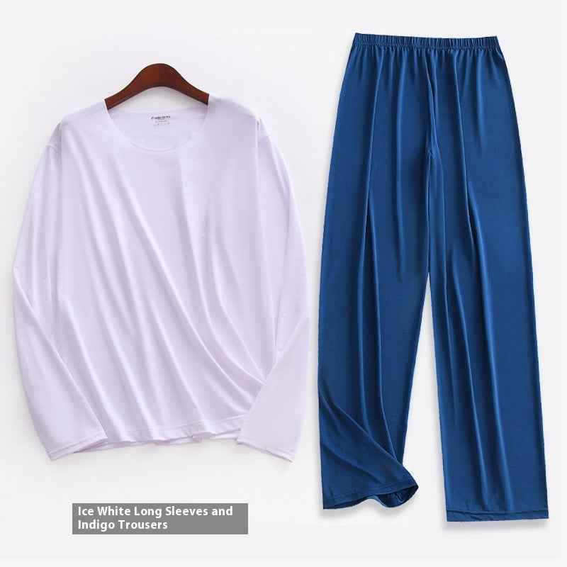 Spring Summer Ultra-thin Men's Long-sleeved Cropped Trousers Pajamas Suit