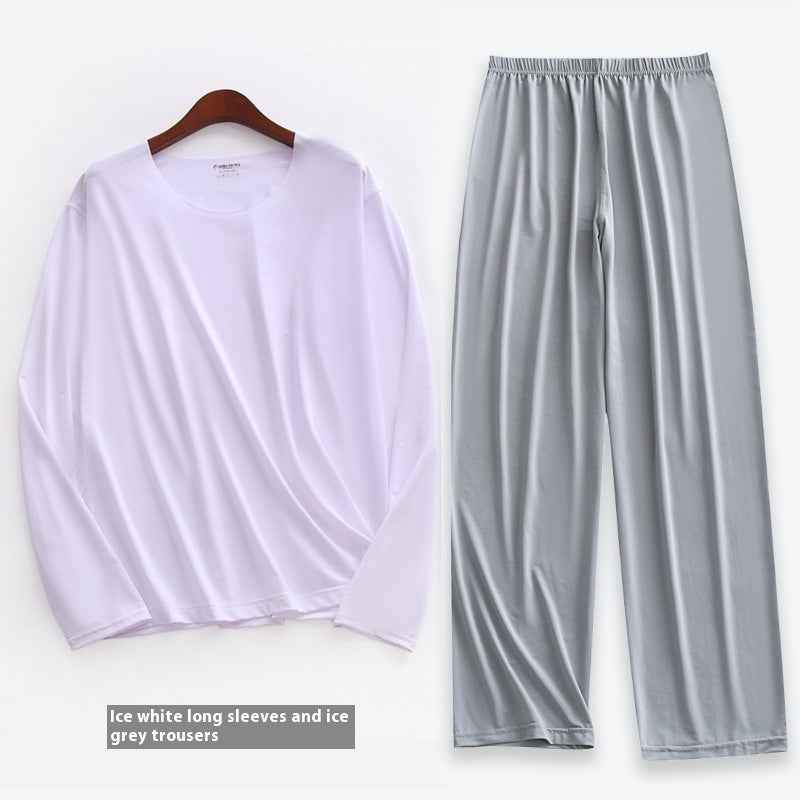 Spring Summer Ultra-thin Men's Long-sleeved Cropped Trousers Pajamas Suit
