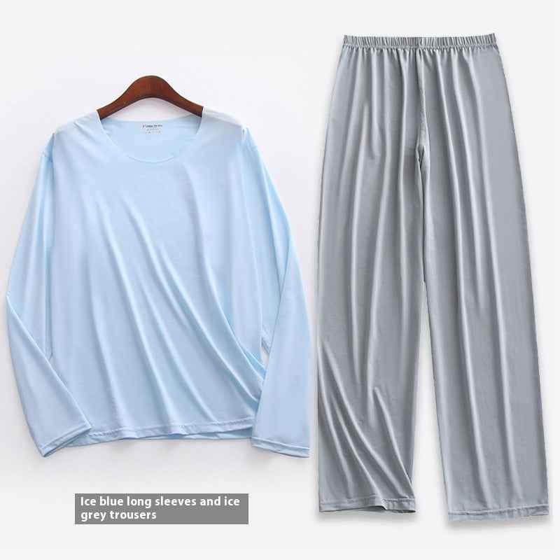 Spring Summer Ultra-thin Men's Long-sleeved Cropped Trousers Pajamas Suit