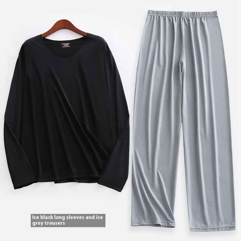 Spring Summer Ultra-thin Men's Long-sleeved Cropped Trousers Pajamas Suit
