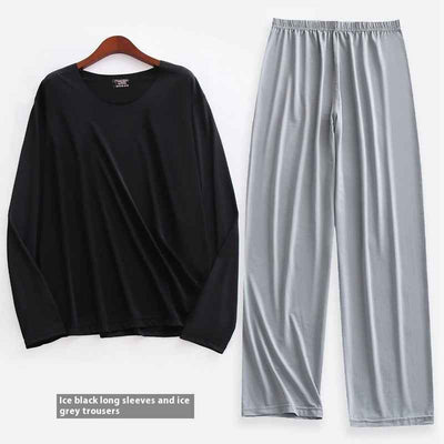 Spring Summer Ultra-thin Men's Long-sleeved Cropped Trousers Pajamas Suit