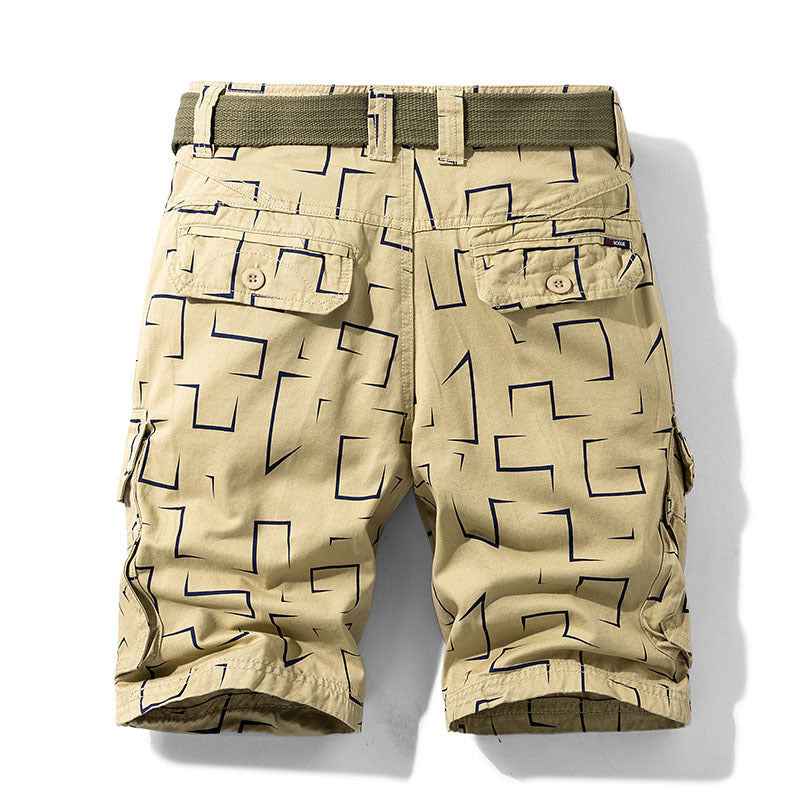 Solid Color Multi-pocket Geometric Print Five-point Pants