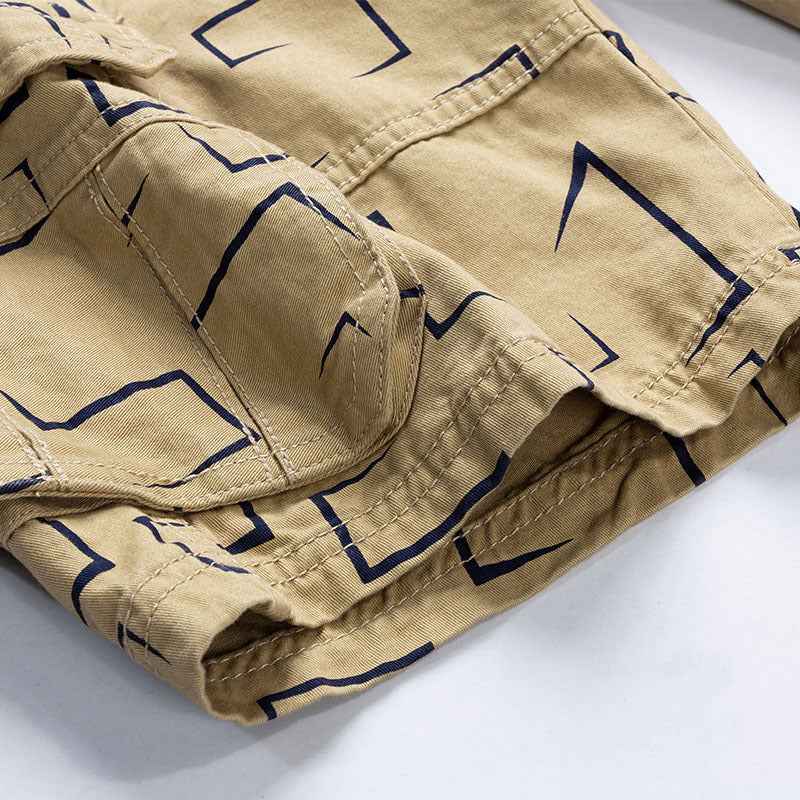 Solid Color Multi-pocket Geometric Print Five-point Pants