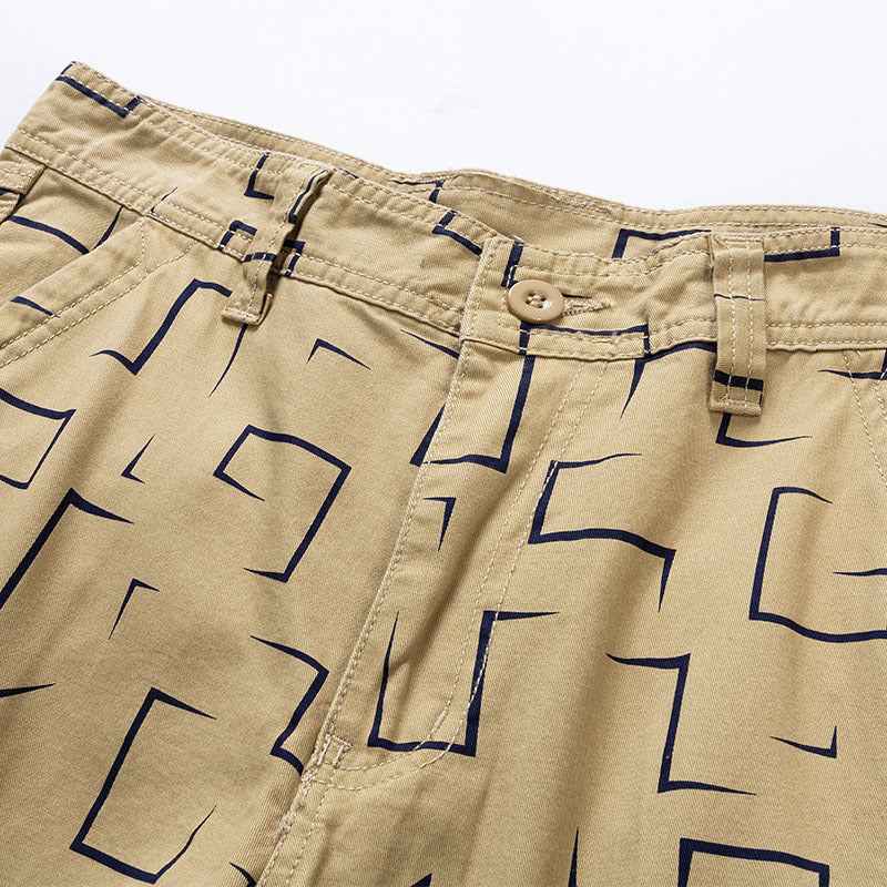 Solid Color Multi-pocket Geometric Print Five-point Pants