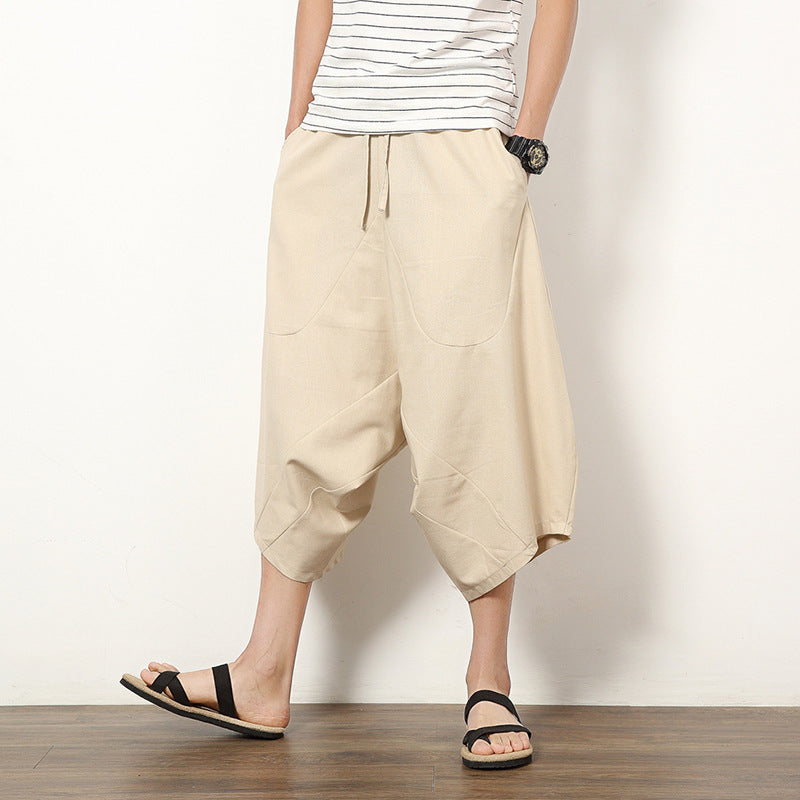 Men's Casual Retro Solid Color Cotton And Linen Lantern Pants SHOPPORA