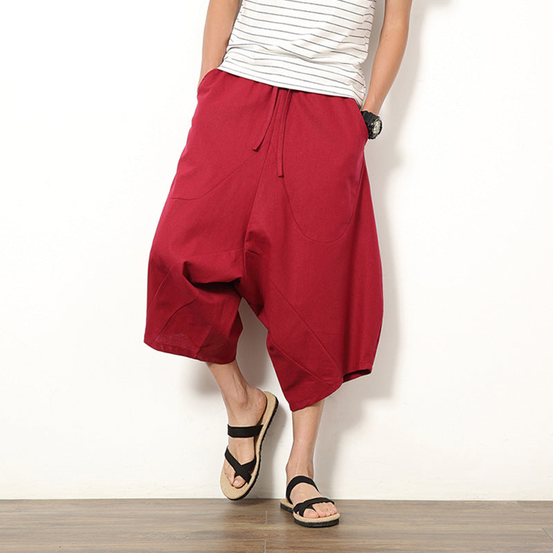 Men's Casual Retro Solid Color Cotton And Linen Lantern Pants SHOPPORA