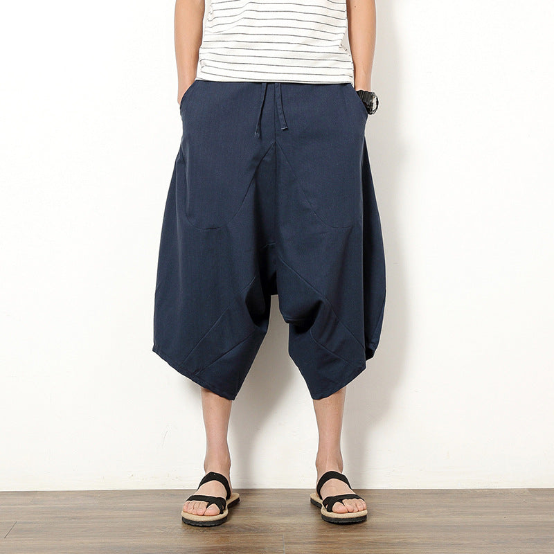 Men's Casual Retro Solid Color Cotton And Linen Lantern Pants SHOPPORA