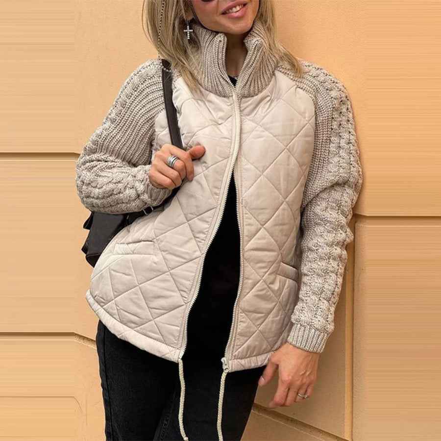 Winter Stand Collar Cotton Jacket With Pockets Fashion Knitted Stitching Zipper Coat Warm Tops For Women Clothing