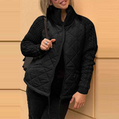 Winter Stand Collar Cotton Jacket With Pockets Fashion Knitted Stitching Zipper Coat Warm Tops For Women Clothing