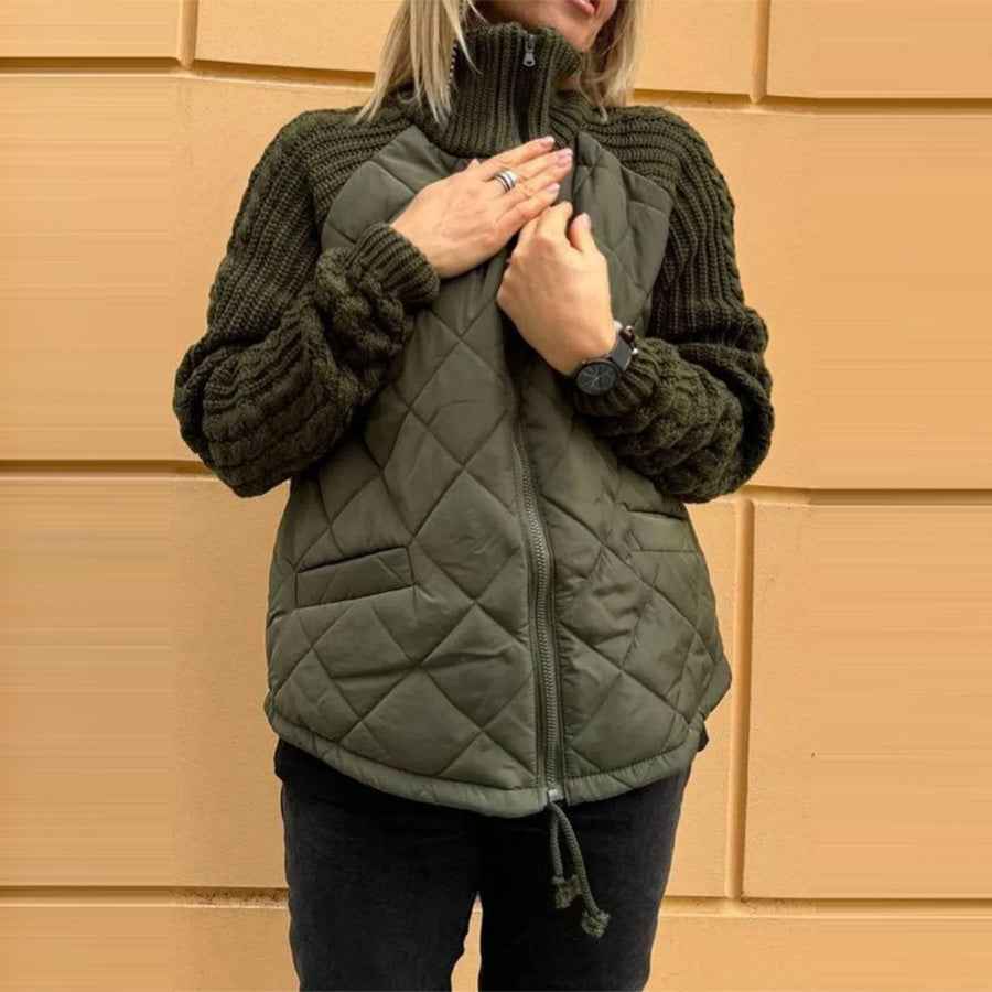 Winter Stand Collar Cotton Jacket With Pockets Fashion Knitted Stitching Zipper Coat Warm Tops For Women Clothing