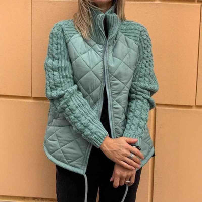 Winter Stand Collar Cotton Jacket With Pockets Fashion Knitted Stitching Zipper Coat Warm Tops For Women Clothing