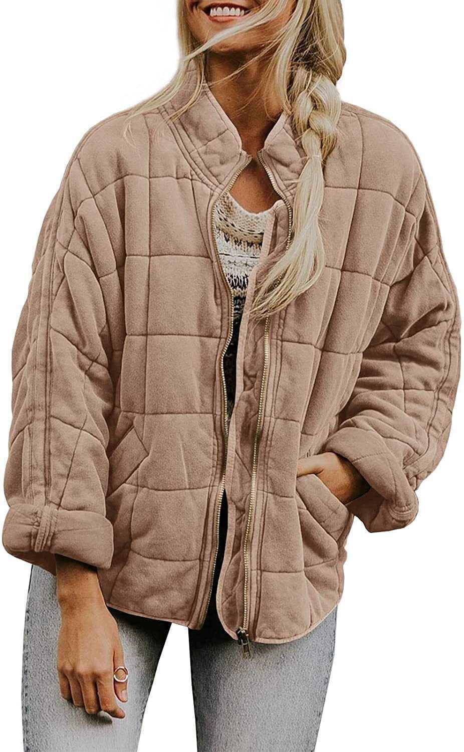 Winter Zip-up Stand Collar Coat With Pockets Fashion Solid Color Plaid Long Sleeved Jacket Women's Clothing