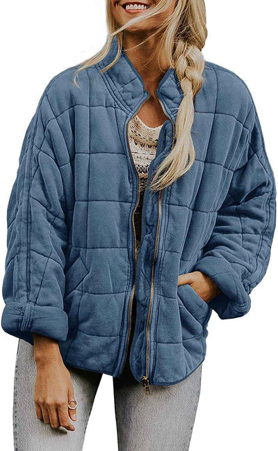 Winter Zip-up Stand Collar Coat With Pockets Fashion Solid Color Plaid Long Sleeved Jacket Women's Clothing