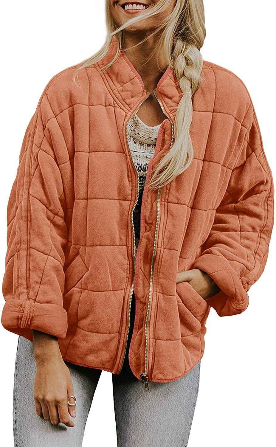 Winter Zip-up Stand Collar Coat With Pockets Fashion Solid Color Plaid Long Sleeved Jacket Women's Clothing