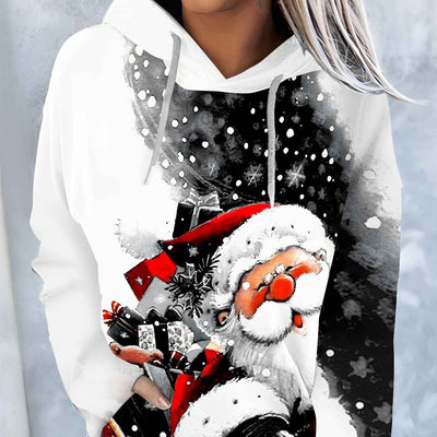 Christmas Color Pattern Printed Drawstring Hooded Sweater