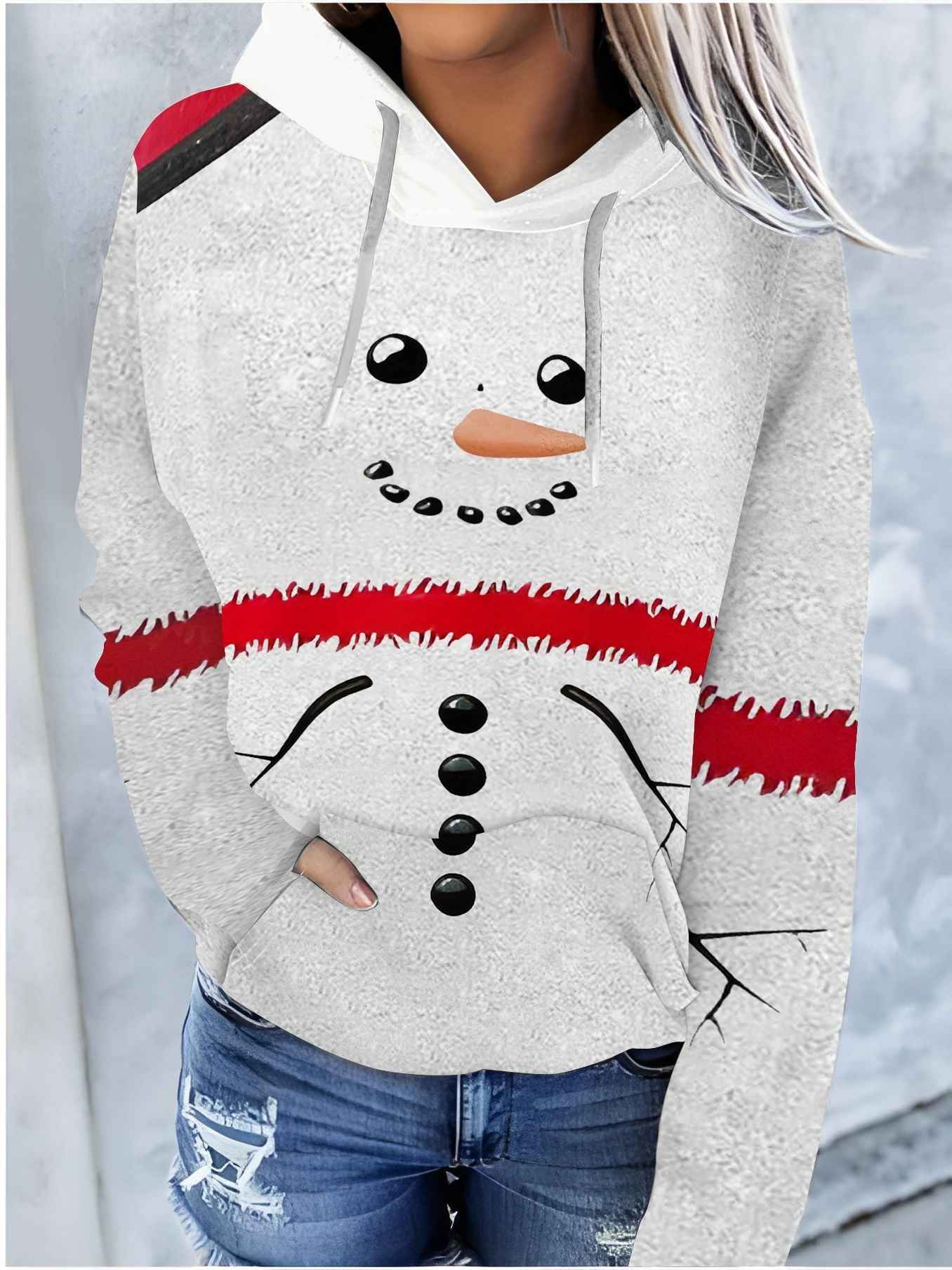 Christmas Color Pattern Printed Drawstring Hooded Sweater