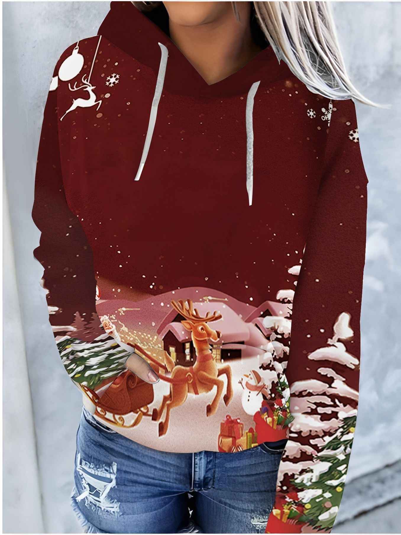 Christmas Color Pattern Printed Drawstring Hooded Sweater
