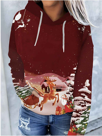 Christmas Color Pattern Printed Drawstring Hooded Sweater