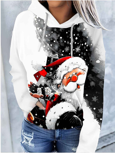 Christmas Color Pattern Printed Drawstring Hooded Sweater