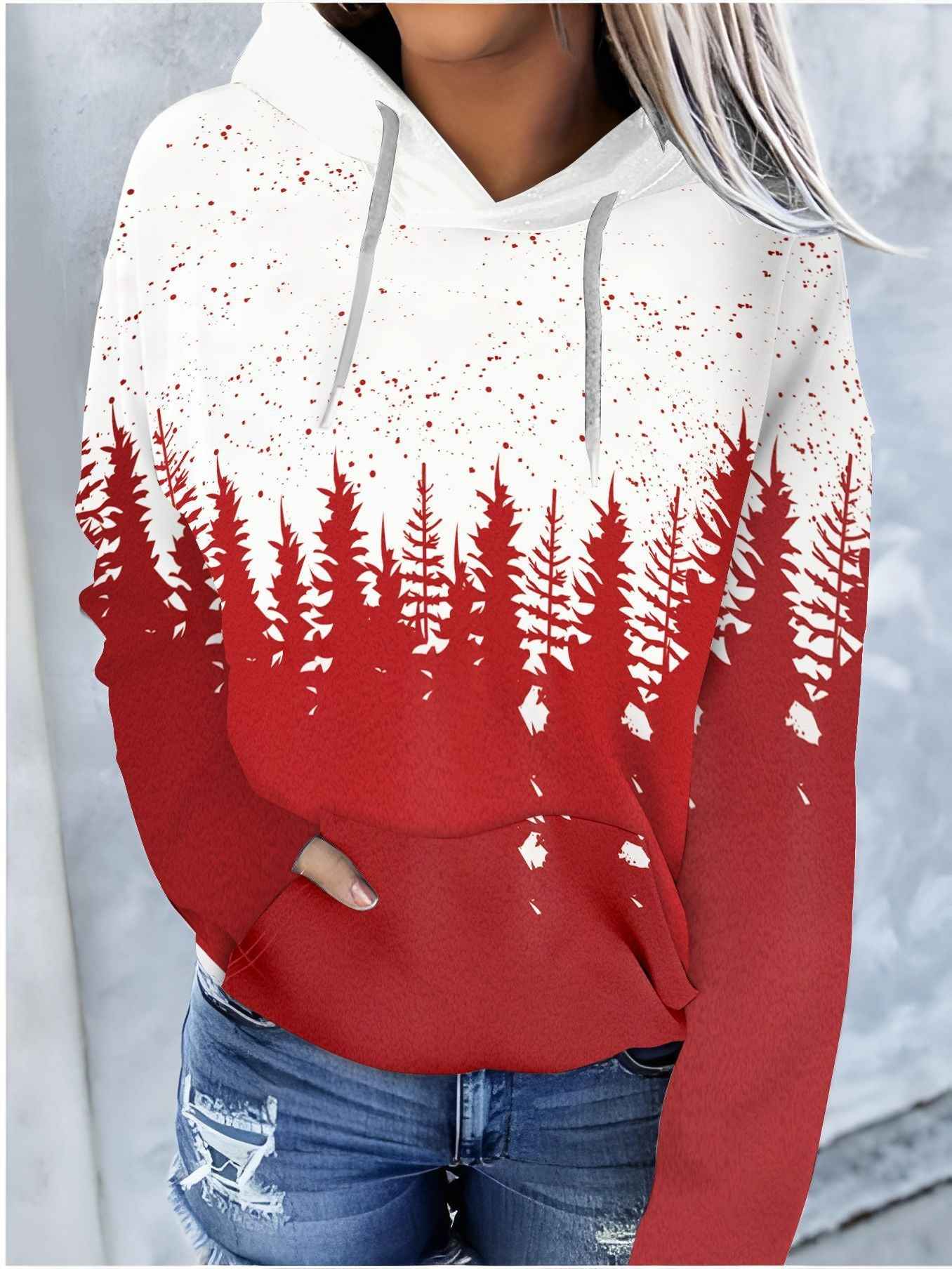 Christmas Color Pattern Printed Drawstring Hooded Sweater