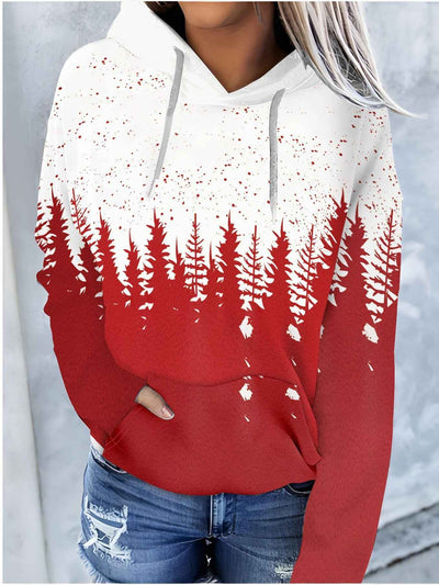 Christmas Color Pattern Printed Drawstring Hooded Sweater