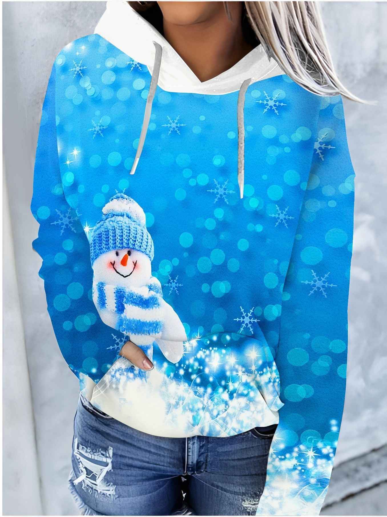 Christmas Color Pattern Printed Drawstring Hooded Sweater