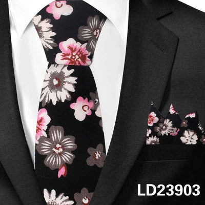 Casual Cotton Floral Print 6cm Casual Tie Pocket Square Suit