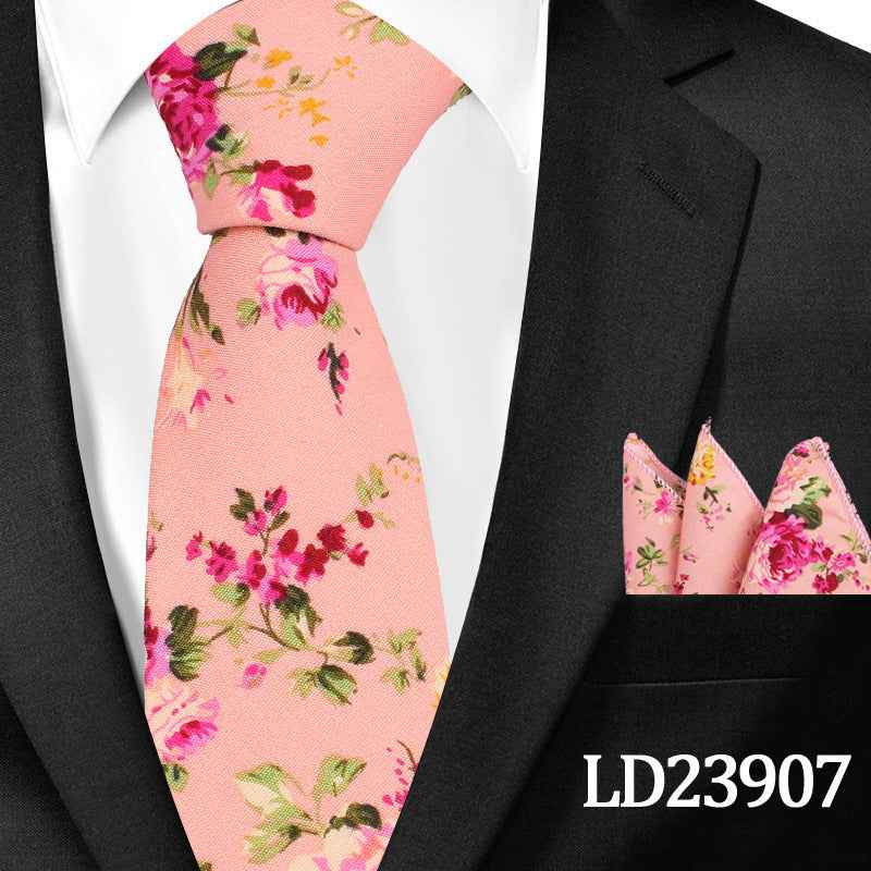 Casual Cotton Floral Print 6cm Casual Tie Pocket Square Suit