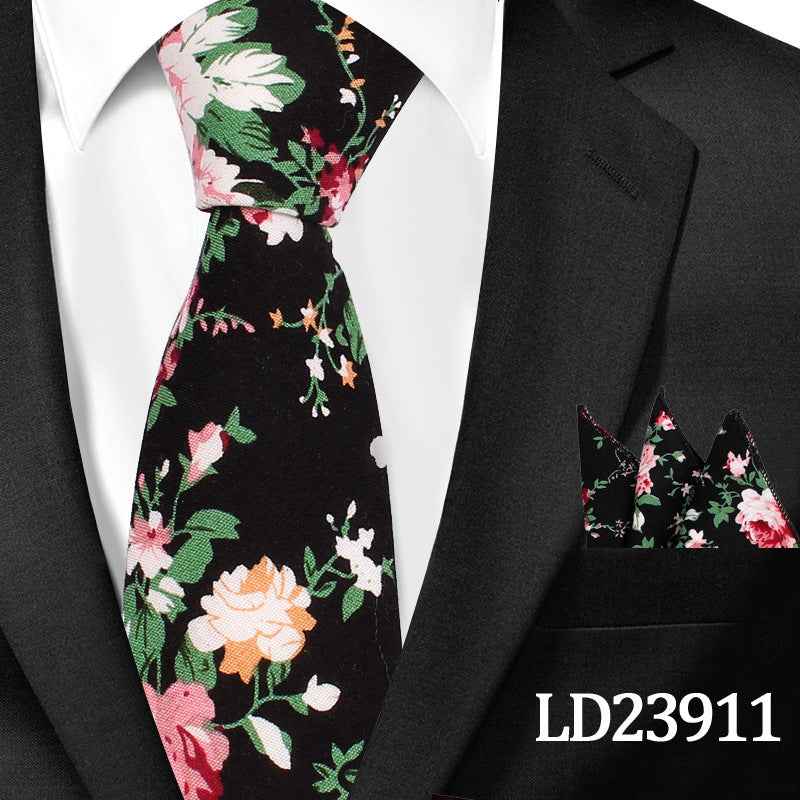 Casual Cotton Floral Print 6cm Casual Tie Pocket Square Suit