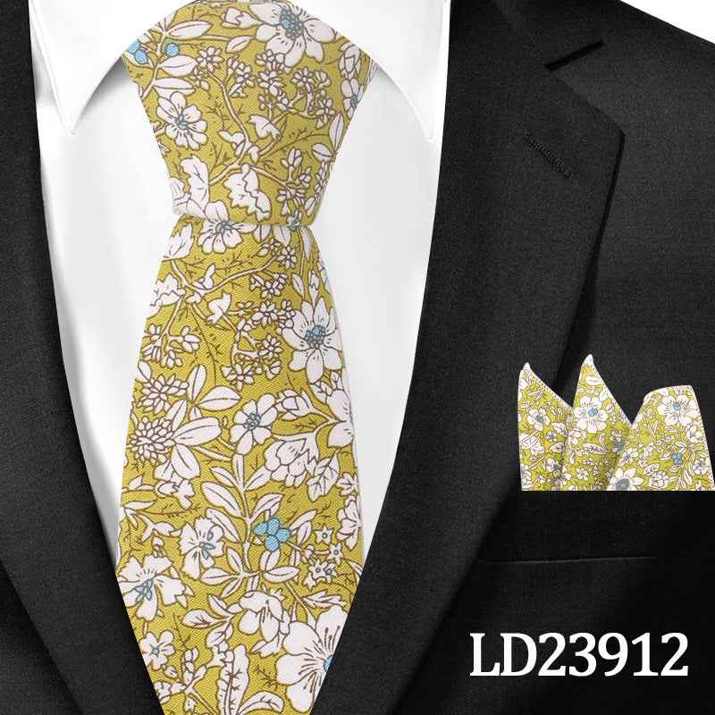 Casual Cotton Floral Print 6cm Casual Tie Pocket Square Suit