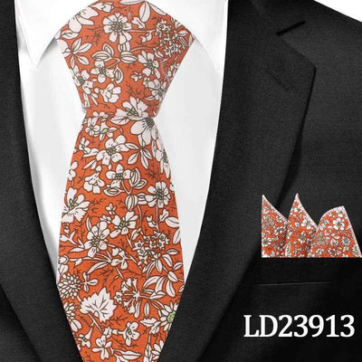 Casual Cotton Floral Print 6cm Casual Tie Pocket Square Suit